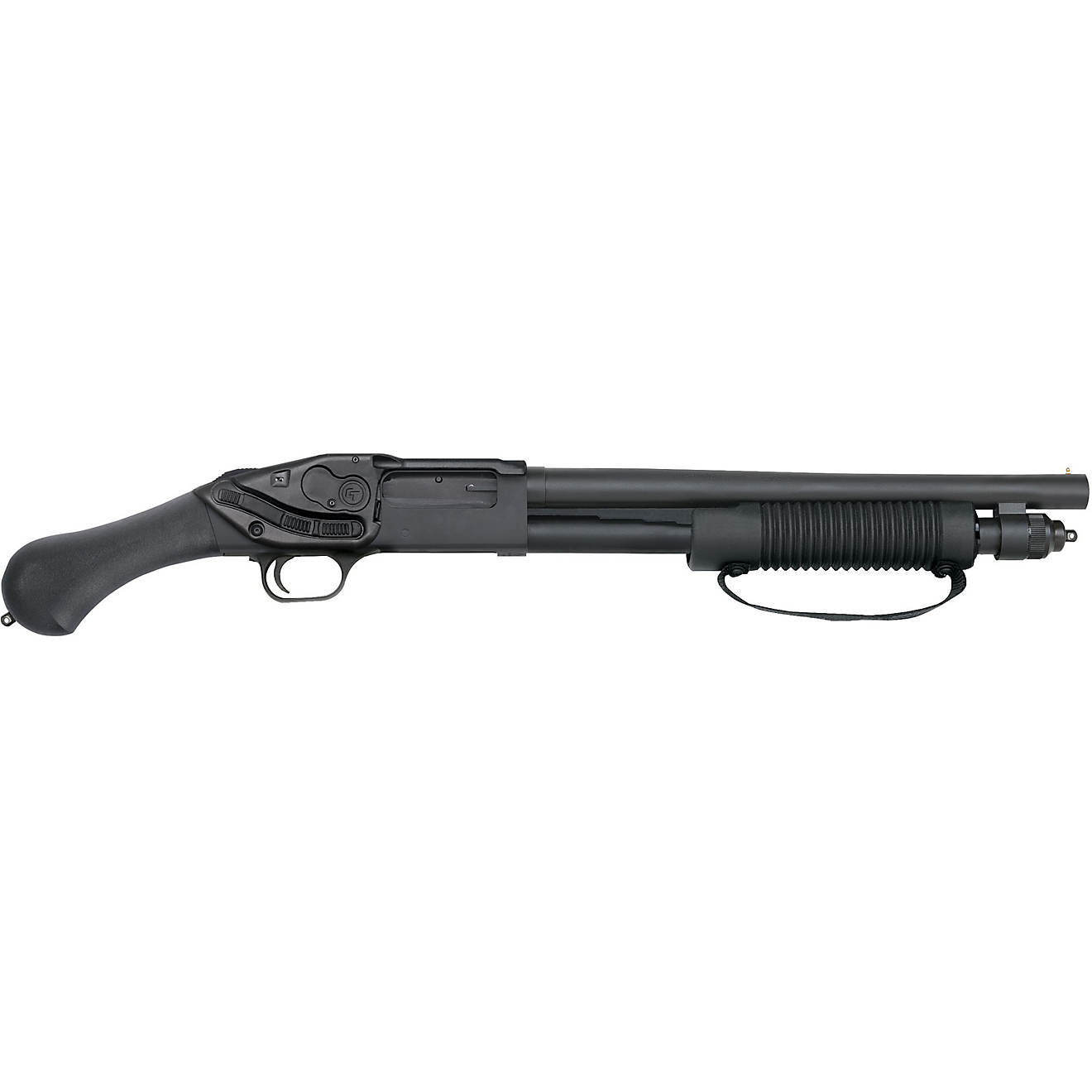 This is the new The Mossberg 590 Shockwave 12 Gauge Pump-Action Shotgun with Crimson Trace Laser Saddle has a cylinder bore choke and a matte-blued barrel finish. It is pump action with a 5+1 capacity